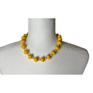 Vintage 1980's Yellow Beaded Necklace With Round & Oval Beads Choker Style